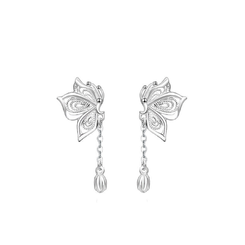 Women's S999 Silver Sweet Tassel New Butterfly Earrings - DropOnline.co