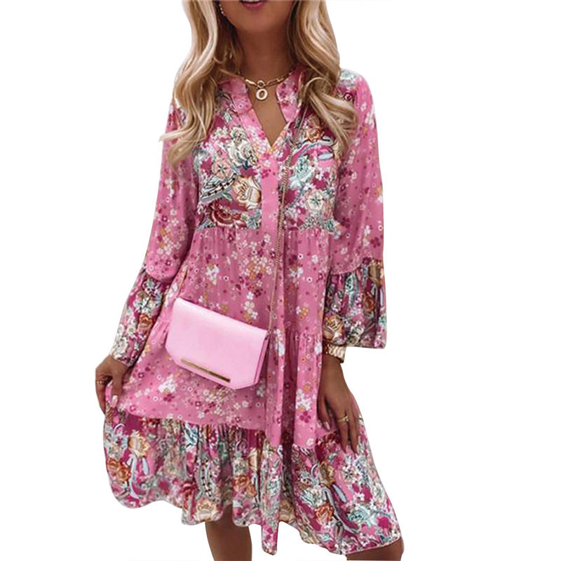 Plus Size Women's Round Neck Button Front Floral Print Dress - Spring Summer Patchwork Midi Dress - DropOnline.co