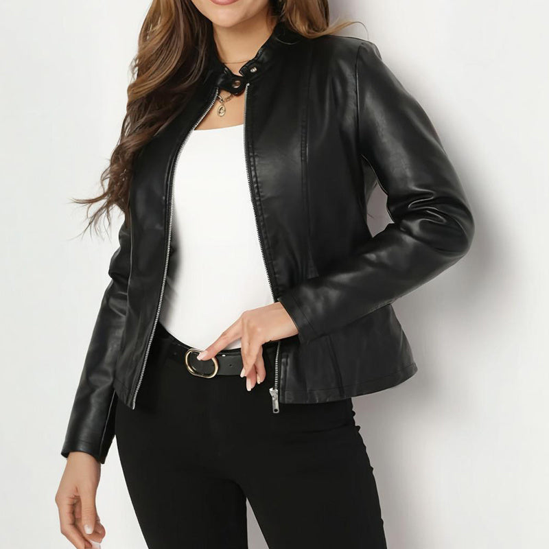 Women's Solid Color Long Sleeve Stand Collar Faux Leather Blazer - Single Button Zippered Jacket For Fall&Winter - DropOnline.co