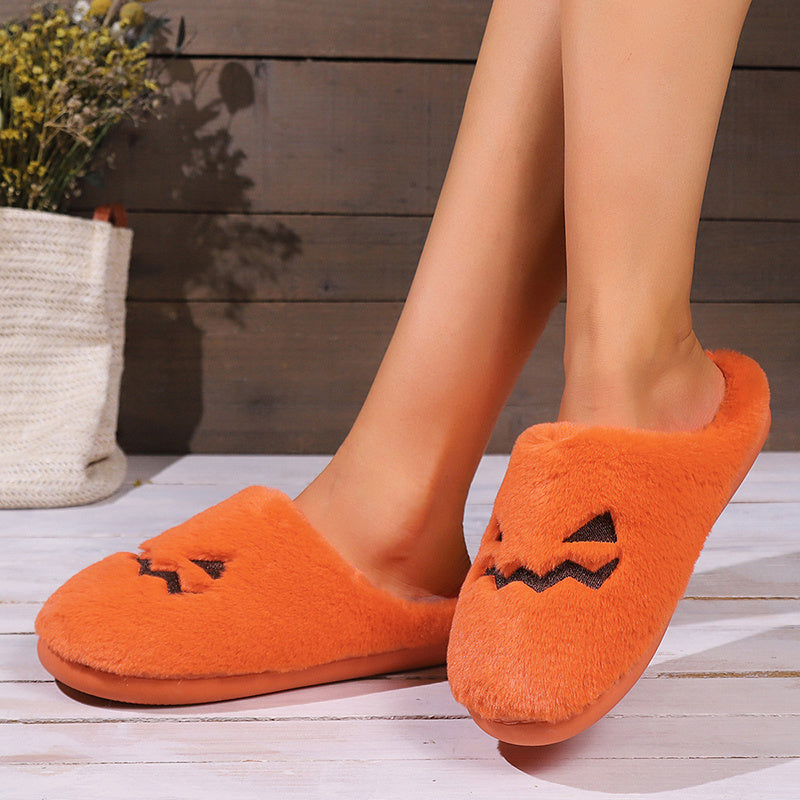 Cute Halloween Pumpkin Slippers Winter Warm Plush Bedroom Floor Home Slippers Casual Slip On Comfortable Cozy Indoor House Shoes - DropOnline.co