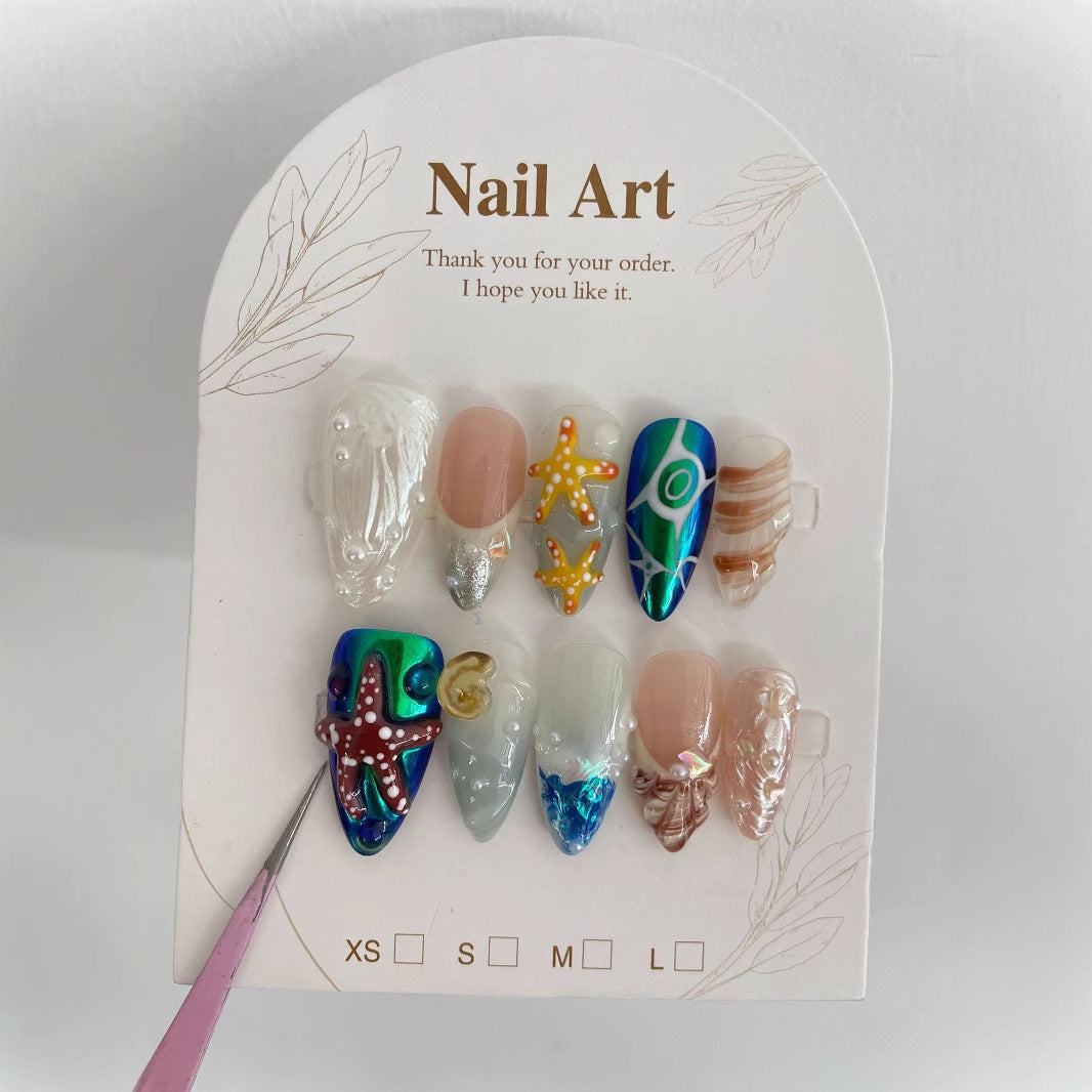 Hand-painted Happy Underwater World White Advanced Long Manicure - DropOnline.co