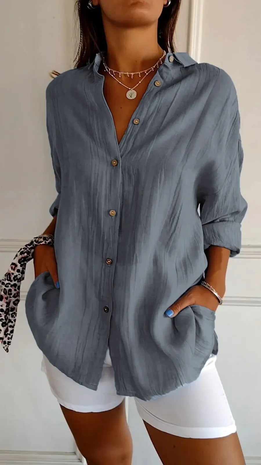 Women's Lapel Long Sleeve Shirt - Single-Breasted Pleated Button-Up - DropOnline.co