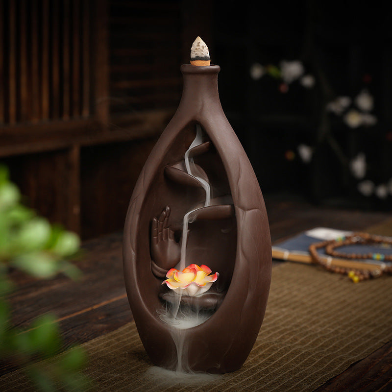 F Ceramic Waterfall Incense Burner Buddha Hand Censer Holder Indoor Smoke Backflow Incense Fountain Buddhist Altar Table Decor - DropOnline.co