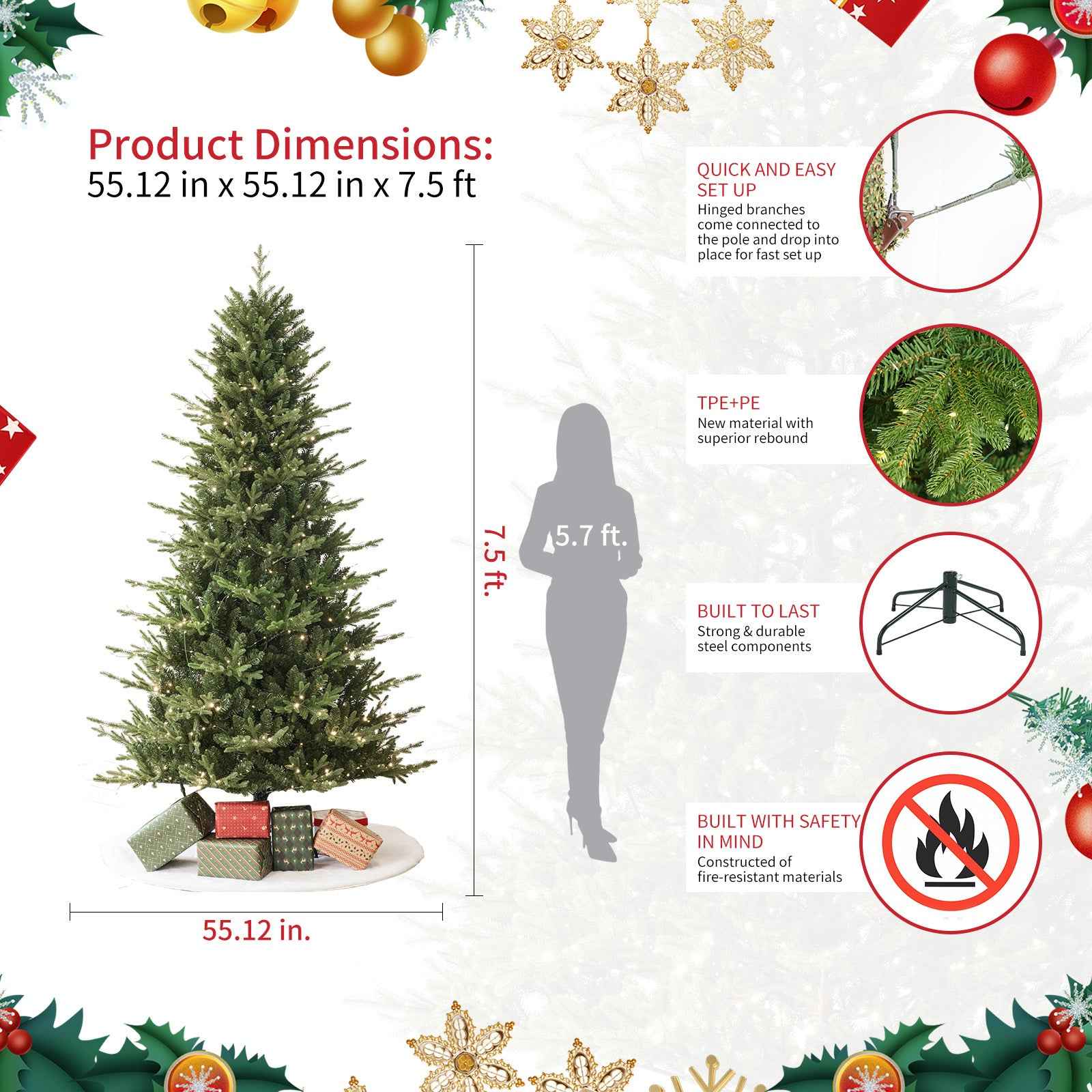 Fraser Slim Fir 7.5ft Christmas Tree Pre-Lit Artificial With 3,429 Branch Tips & 792 Low-Voltage Warm LED Lights, Foldable Stand & Realistic Flame-Resistant Branches