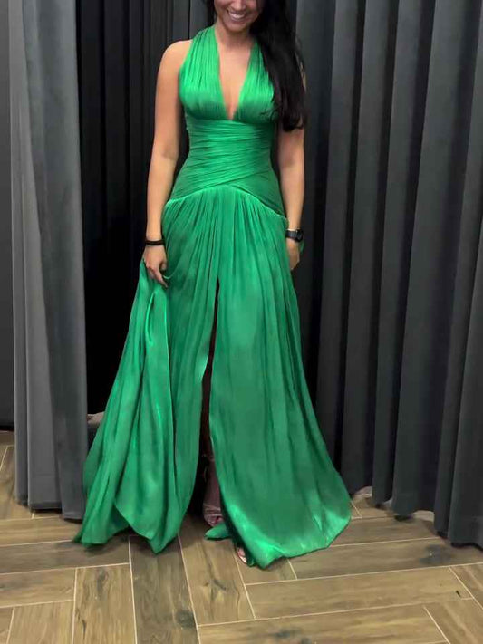 Emerald Green Plunging Neckline Gown With Pleated Skirt And Side Slit