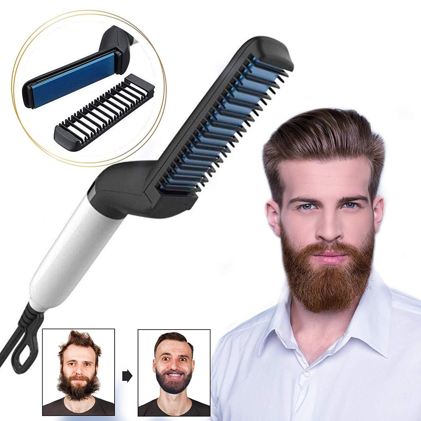 Electric Hair Straightener Brush,Men Quick Beard Straightener Styler Comb,Hair Straightening,Curly Hair Straightening Comb,Side Hair Detangling,Multifunctional Hair Curling Curler - DropOnline.co