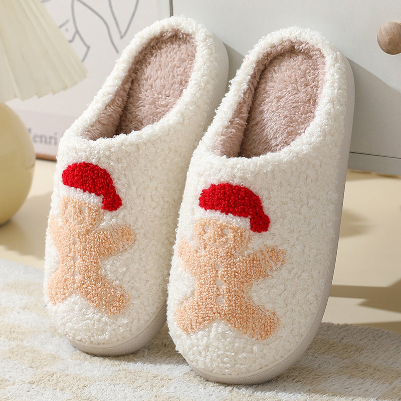 Christmas Home Slippers Cute Cartoon Santa Claus Cotton Slippers For Women And Men Couples Winter Warm Furry Shoes - DropOnline.co