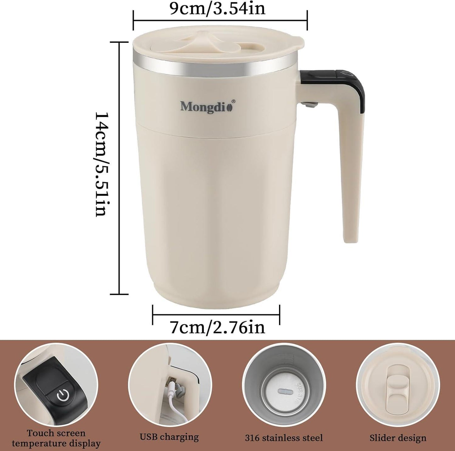 Mocha 12 Oz With Temperature Display Rechargeable Automatic Stirring Coffee Cup With Lid Suitable For Coffee Milk And Other Drinks White - DropOnline.co