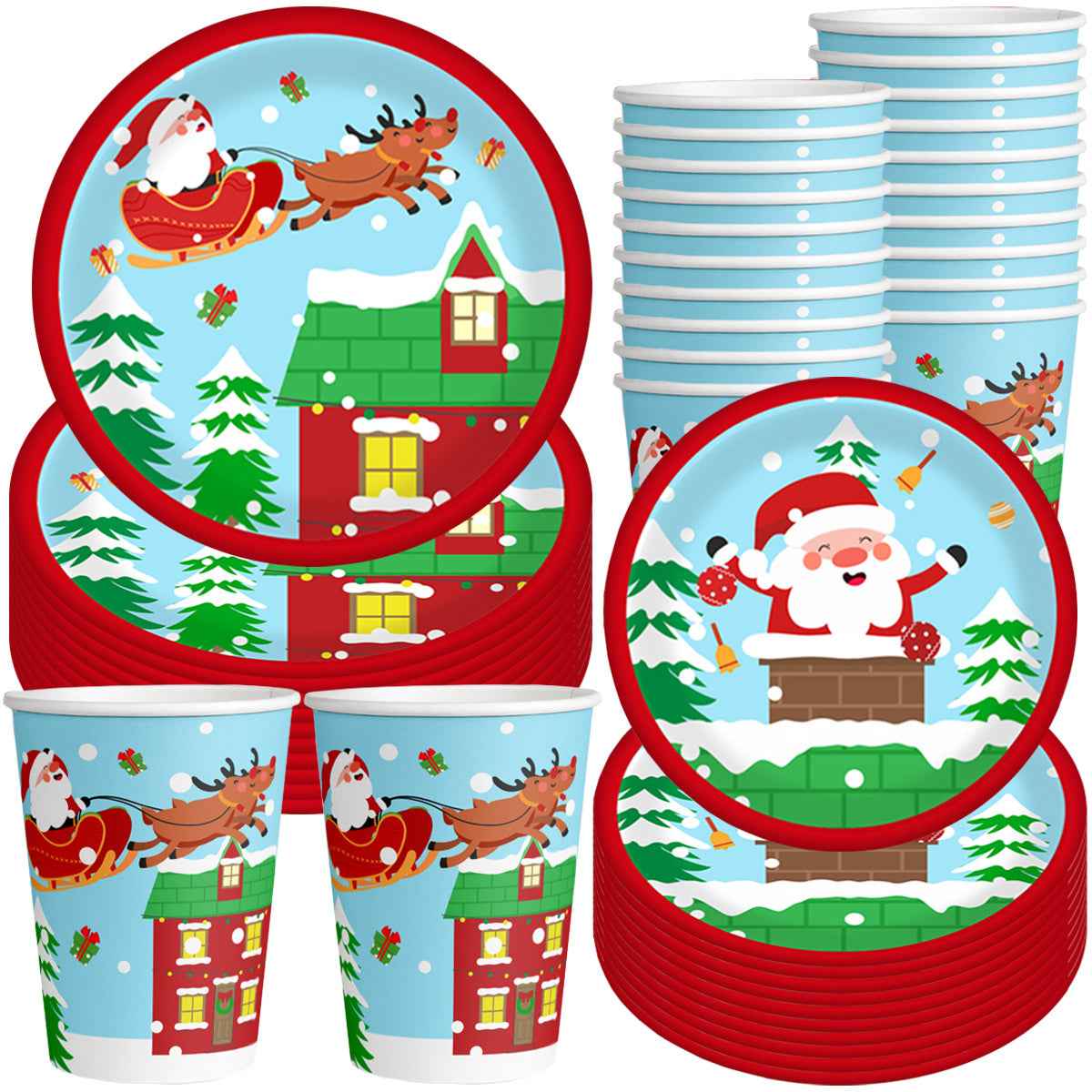 Christmas Paper Plates and Cups Set for 10 Guests - Santa Claus Elk Pattern - DropOnline.co