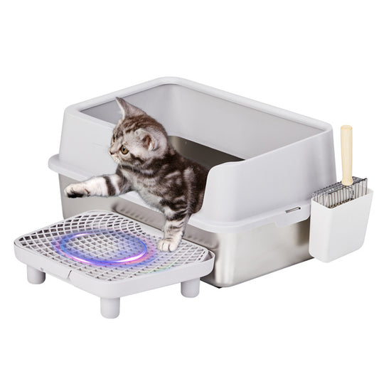 61x40x33CM, Litter Box, Stainless Steel And Plastic, Upper And Lower Snap Type, With Litter Spatula, Foot Pad - Grey - DropOnline.co