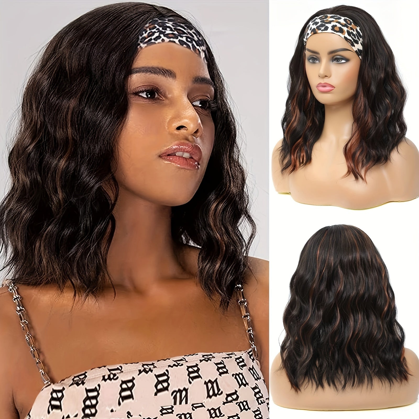 Fashion Water Wave Hairband Non-toxic Wig, Heat-resistant Synthetic Hair Band Elastic Cap, No Glue, Trendy Wave Style, Suitable For The Whole Scene. - DropOnline.co