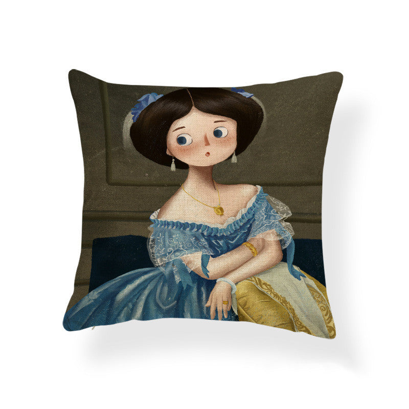 Cartoon Girl Printed Pillowcase Oil Painting Blended Cushion - DropOnline.co