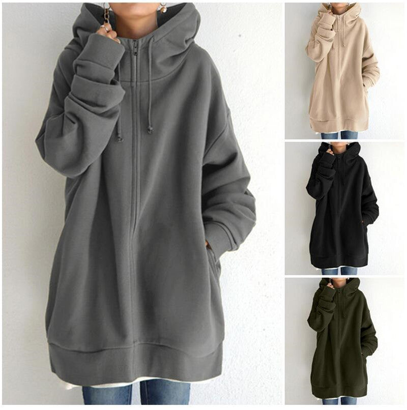 Women's Oversized Hooded Zip-Up Sweatshirt - Velvet-Lined Long Coat - DropOnline.co