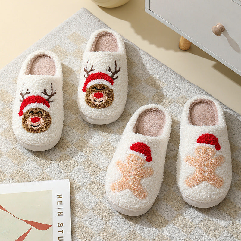 Christmas Home Slippers Cute Cartoon Santa Claus Cotton Slippers For Women And Men Couples Winter Warm Furry Shoes - DropOnline.co
