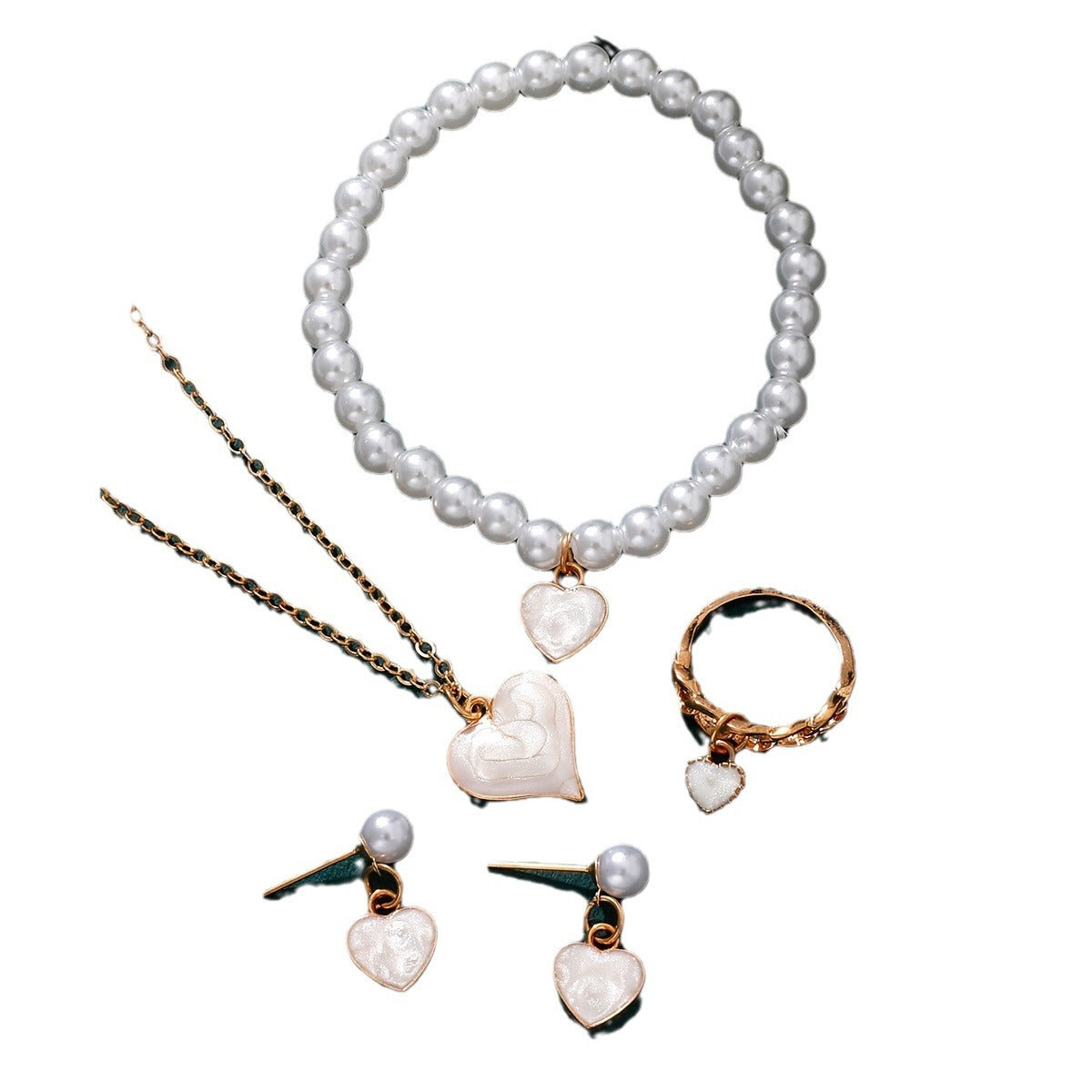 Girls Jewelry Cute All-match Oil Drop Heart Necklace Earrings Ring Bracelet Four-piece Set - DropOnline.co