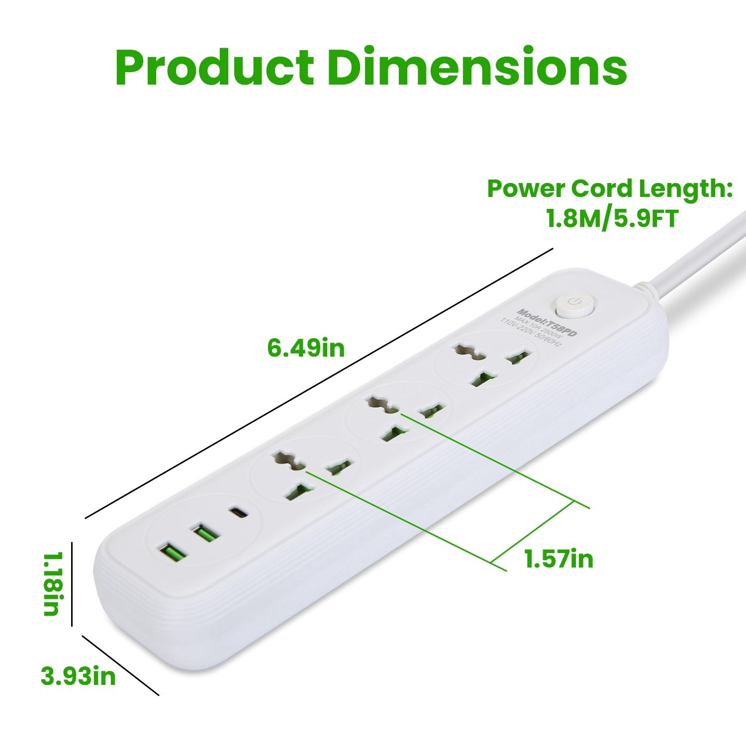 1Pc Power Strip With 6FT Extension Cord 3 AC Outlets And 2 USB A Ports 1 USB C Port 2500W Wall Mount Outlet Extender For Home Office Dorm Travel - DropOnline.co
