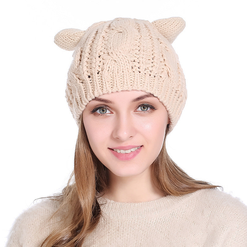 Autumn Winter Cat Ear Knit Beanie - Cute Animal Ear Hat - DropOnline.co