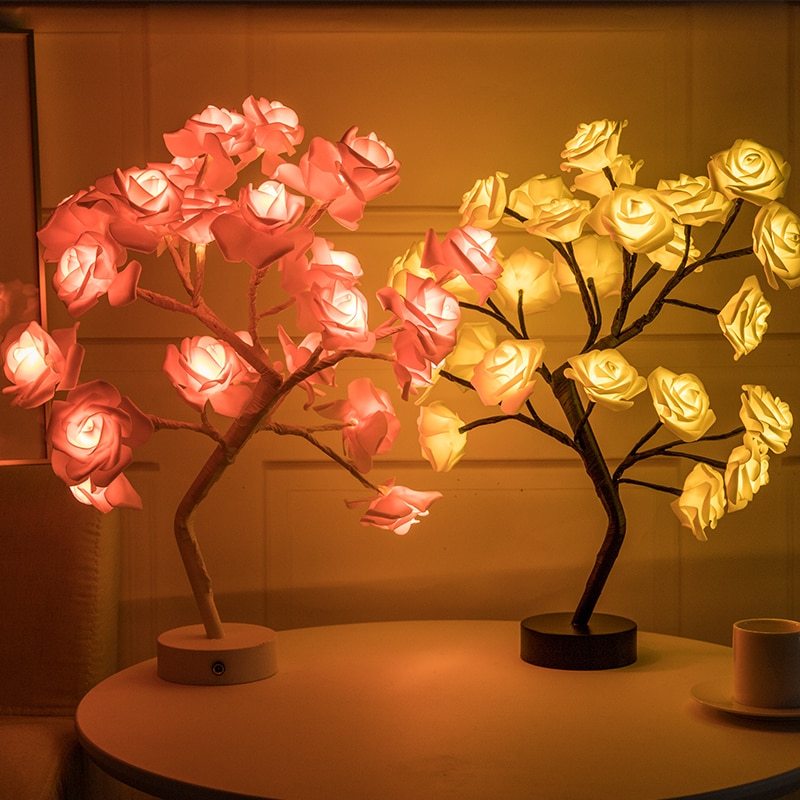 Rose Flower Lamp USB Battery Operated LED Table Lamp Bonsai Tree Night Lights Garland Bedroom Decoration Lights Home Decor - DropOnline.co