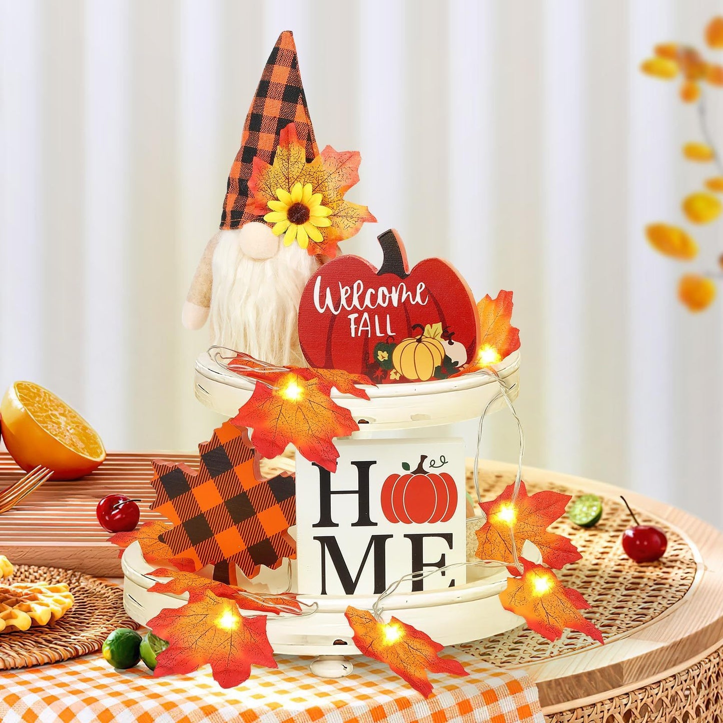 Fall Gnome Tiered Tray Decorations Set Farmhouse Pumpkin Decor Autumn Maple Leaf Table Centerpieces With Fall String Lights Thankgiving Day Fall Greeting Card Autumn Harvest Decorations - DropOnline.co