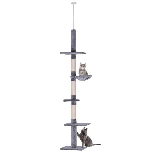 PawHut 9' Adjustable Height Floor-To-Ceiling Vertical Cat Tree - Grey And White - DropOnline.co