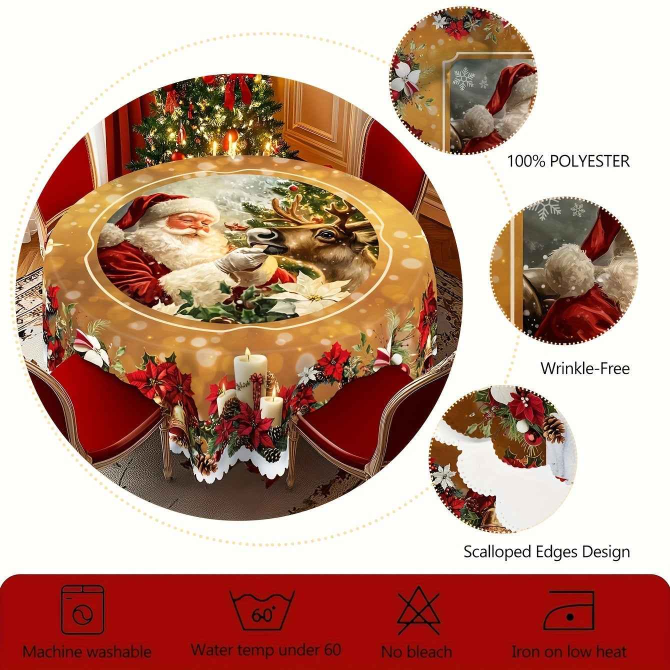 Christmas Round Tablecloth with Santa Claus - Holiday Table Flag Decoration - DropOnline.co