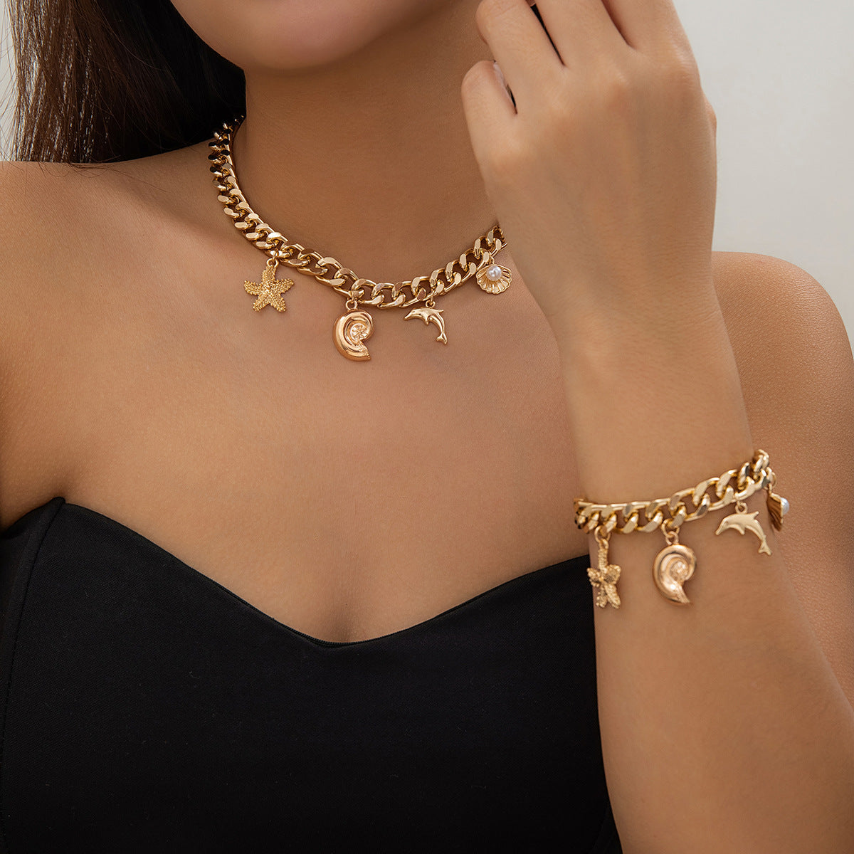 Creative Boho Conch Dolphin Starfish Pendant Choker Necklace Bracelets Women Trendy Vintage Tassel Chain Grunge Jewelry Fashion Jewelry - DropOnline.co