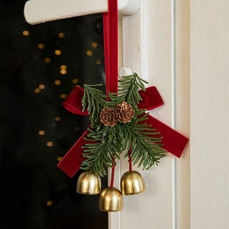 Christmas Velvet Bow Bell Pendant - Wrought Iron Jingling Hanging Decoration - DropOnline.co