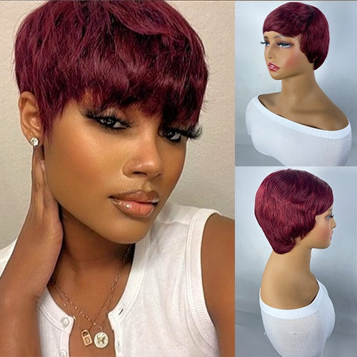 Short And Straight, Elf, Human Hair Non-toxic Wig, Burgundy, Short And Elf Haircut, Ladies Wig, Applicable To The Whole Scene. - DropOnline.co