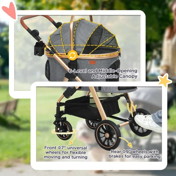 3 In 1 Dog Stroller With Detachable Cabin, 4 Wheel Folding Lightweight Pet Stroller For Small Dogs, Gray - DropOnline.co