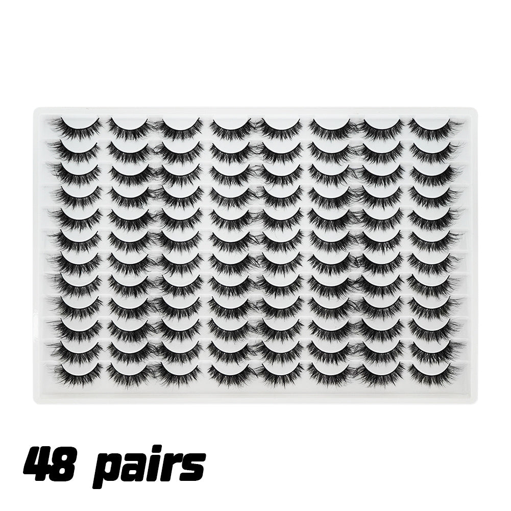 Tray of 48 pairs of 3D false eyelashes, multi-layered, realistic, soft and comfortable.