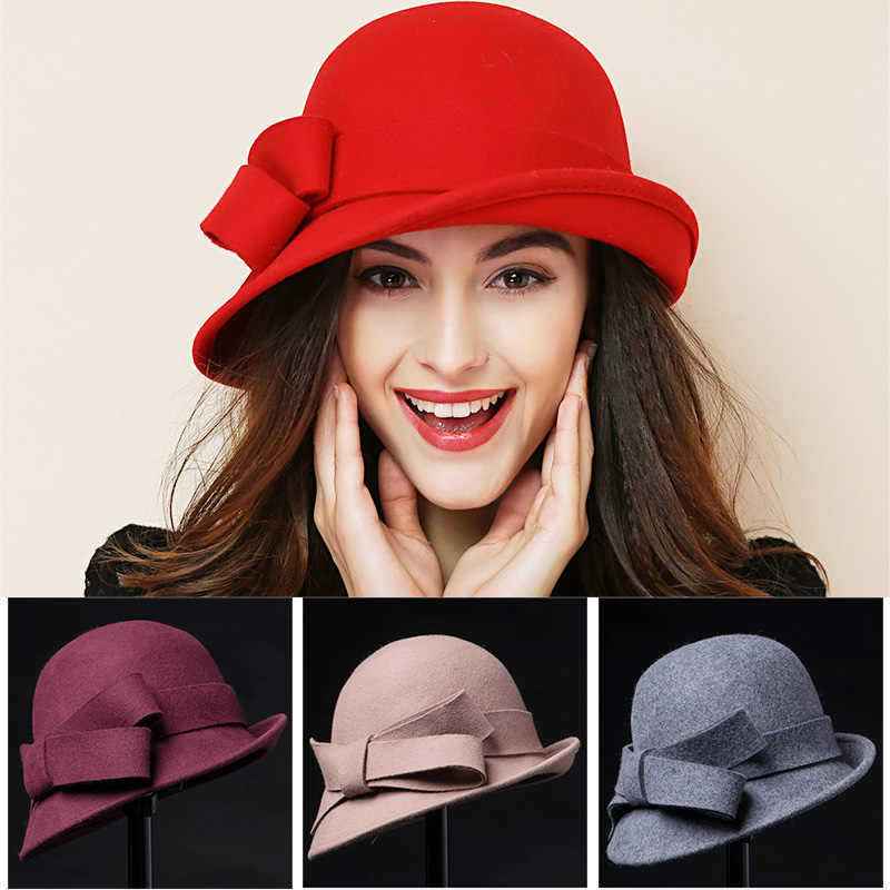 Women's French-Style Elegant Retro Woolen Bowler Hat with Curling Bow
