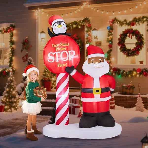8.2FT Inflatable Black Santa with Road Sign - LED Lighted Christmas Yard Decoration - DropOnline.co