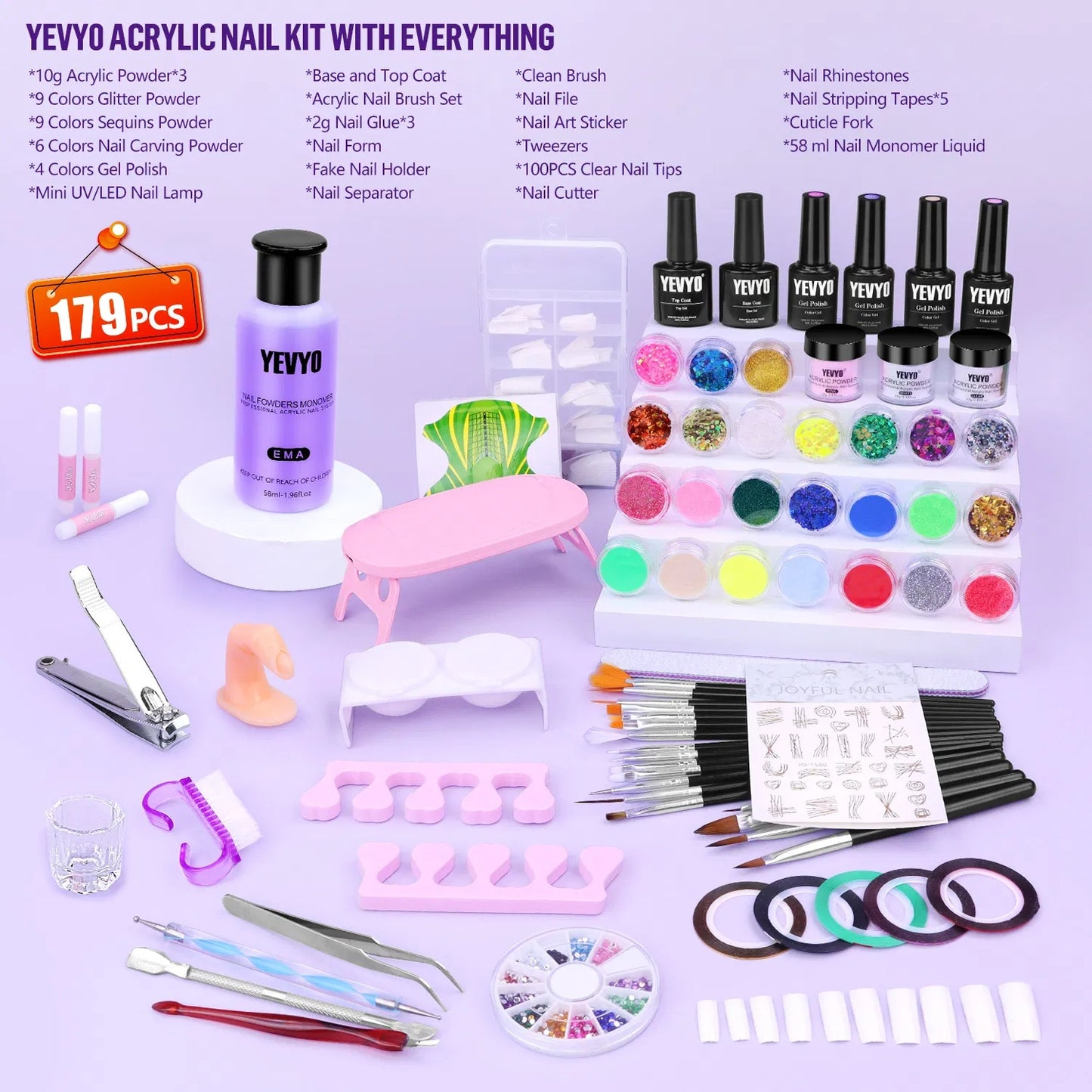 Acrylic Nail Kit With UV Light, 4 Colors Gel Polish Kit With 24 Glitter Colors Acrylic Powder Monomer Liquid - DropOnline.co