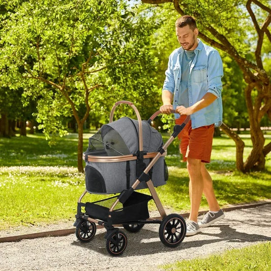 3 In 1 Dog Stroller With Detachable Cabin, 4 Wheel Folding Lightweight Pet Stroller For Small Dogs, Gray - DropOnline.co
