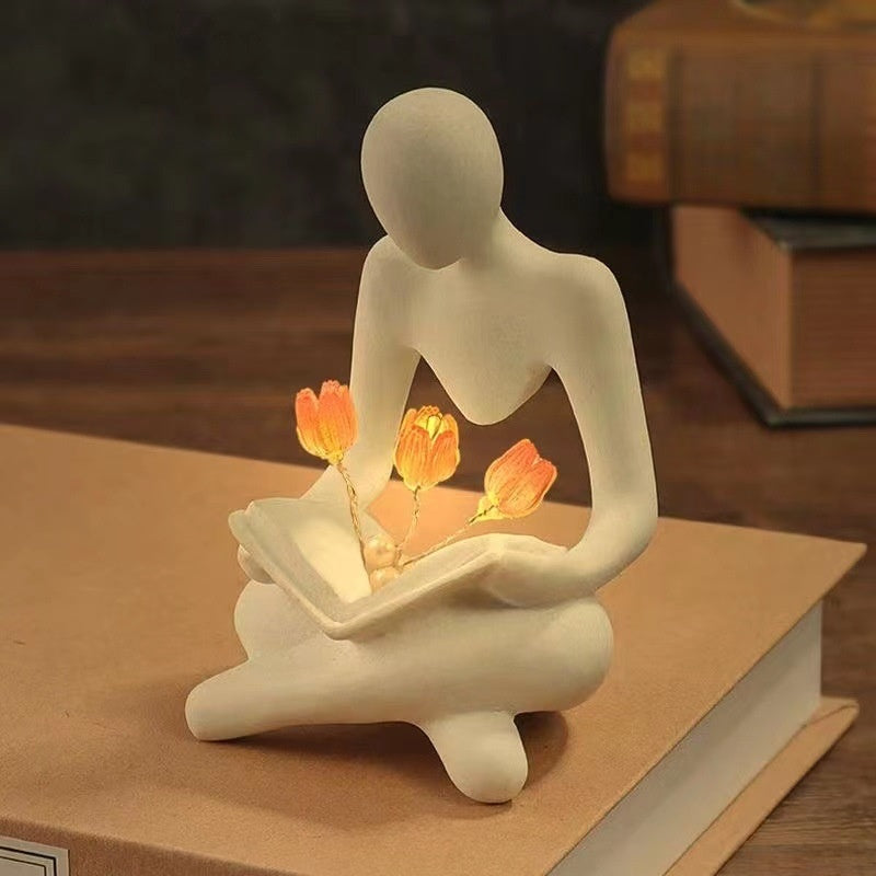 Nordic Abstract Thinker Statue Lights Creative Reader Tulip Book Sculpture Night Lamp Desk Bookshelf Figurines Decor - DropOnline.co