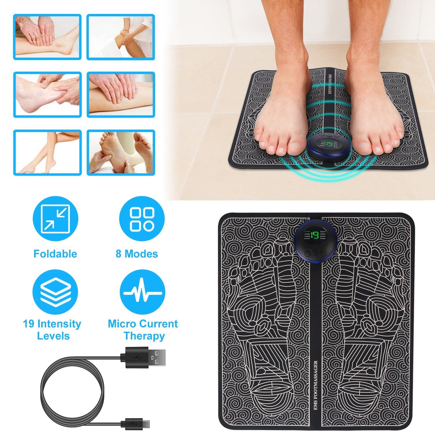 1Pc Foot Massage Pad Electric Stimulator Massager Unit Leg Reshaping Muscle Pain Relax Foldable Massage Mat With 8 Modes 19 Intensity Levels Remote Control - DropOnline.co