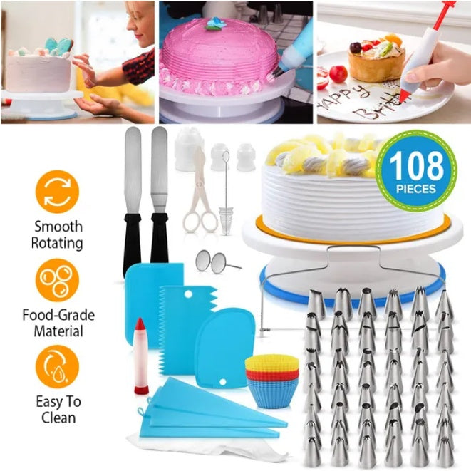 11 Inch Rotating Cake Turntable With 108 Cake Decoration Items Set - DropOnline.co
