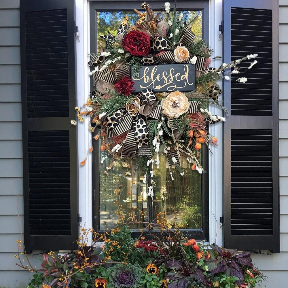 Halloween Wreath Year Round Fall Cheetah Wreath Gorgeous Autumn For Front Door Decor For Thanksgiving Xmas Fabric - DropOnline.co