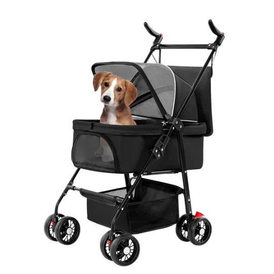 4 Wheels Pet Stroller Foldable Carrier Strolling Cart Travel Jogger Pet Stroller With Removable Liner Storage Basket For Dog Cat - DropOnline.co