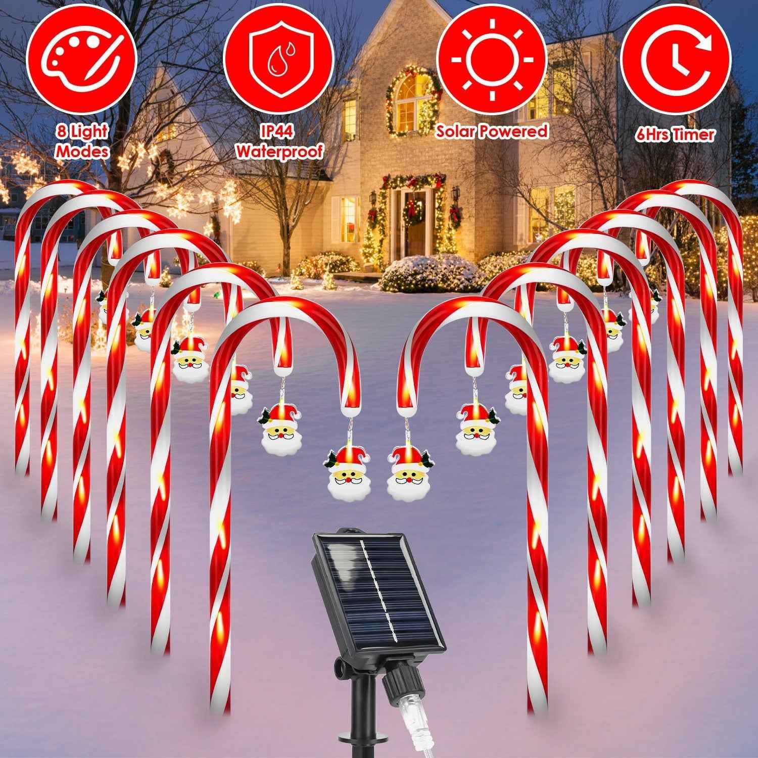Solar Christmas Candy Cane Lights - 12 Candies 72LEDs IP44 Waterproof 8 Modes - DropOnline.co
