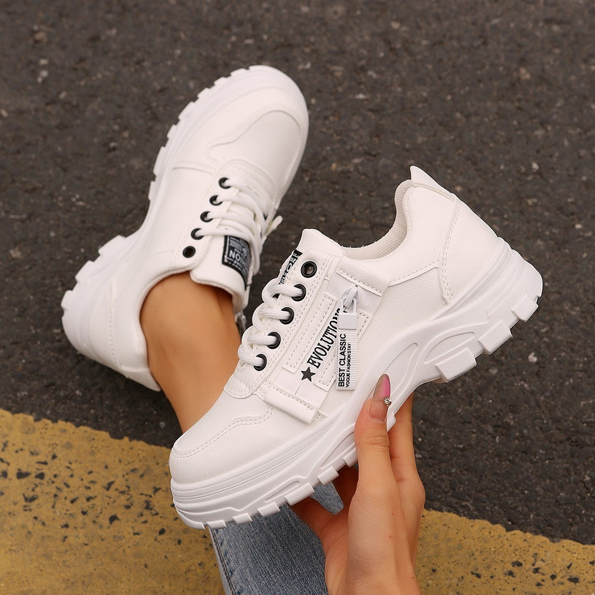 Lace-up Sports Shoes With Side-Zipper Design Fashion Thick-soled Round-toe Casual Shoes For Women Sneakers - DropOnline.co