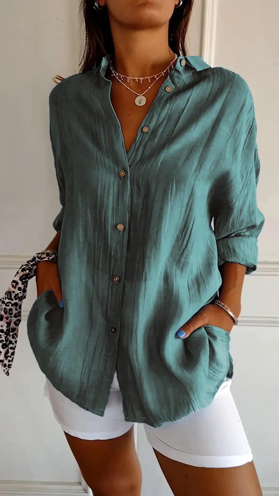 Women's Lapel Long Sleeve Shirt - Single-Breasted Pleated Button-Up - DropOnline.co