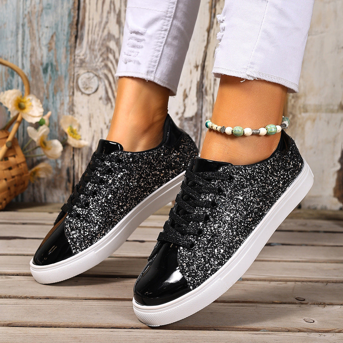 Plus Size Sequined Front Lace-up Solid Color Plus Size Board Shoes - DropOnline.co