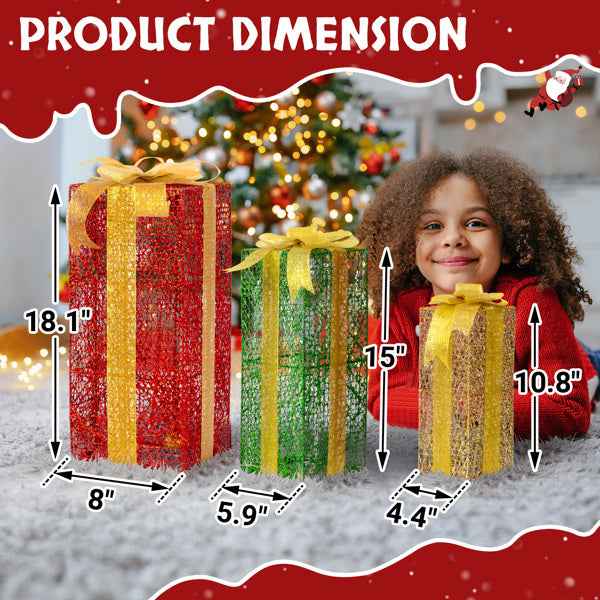 3pcs Green Gold Christmas Lighting Gift Box - 18in-15in-11in Stacking Set - DropOnline.co