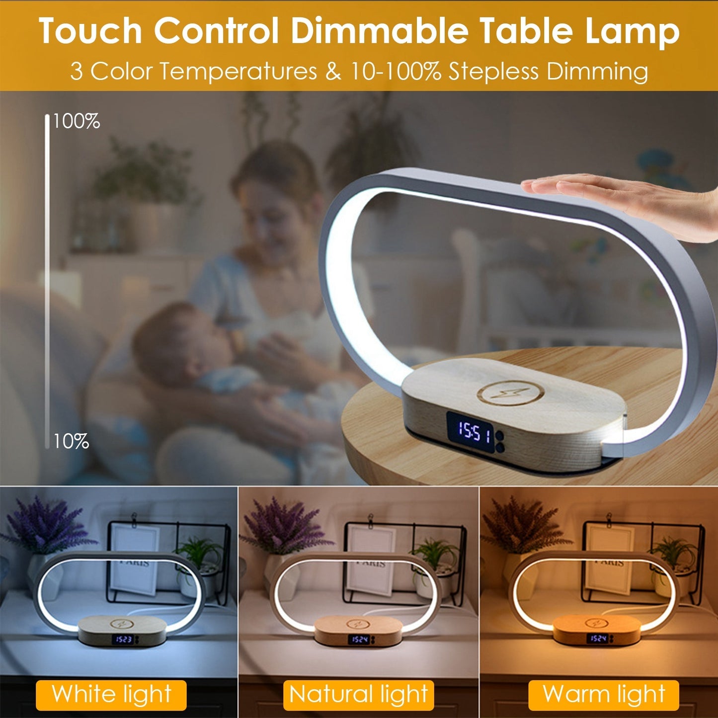 1 Set Bedside Table Lamp Touch Control Lamp With Clock Wireless Charging LED Desk Lamp Dimmable Nightstand Reading Lamp - DropOnline.co