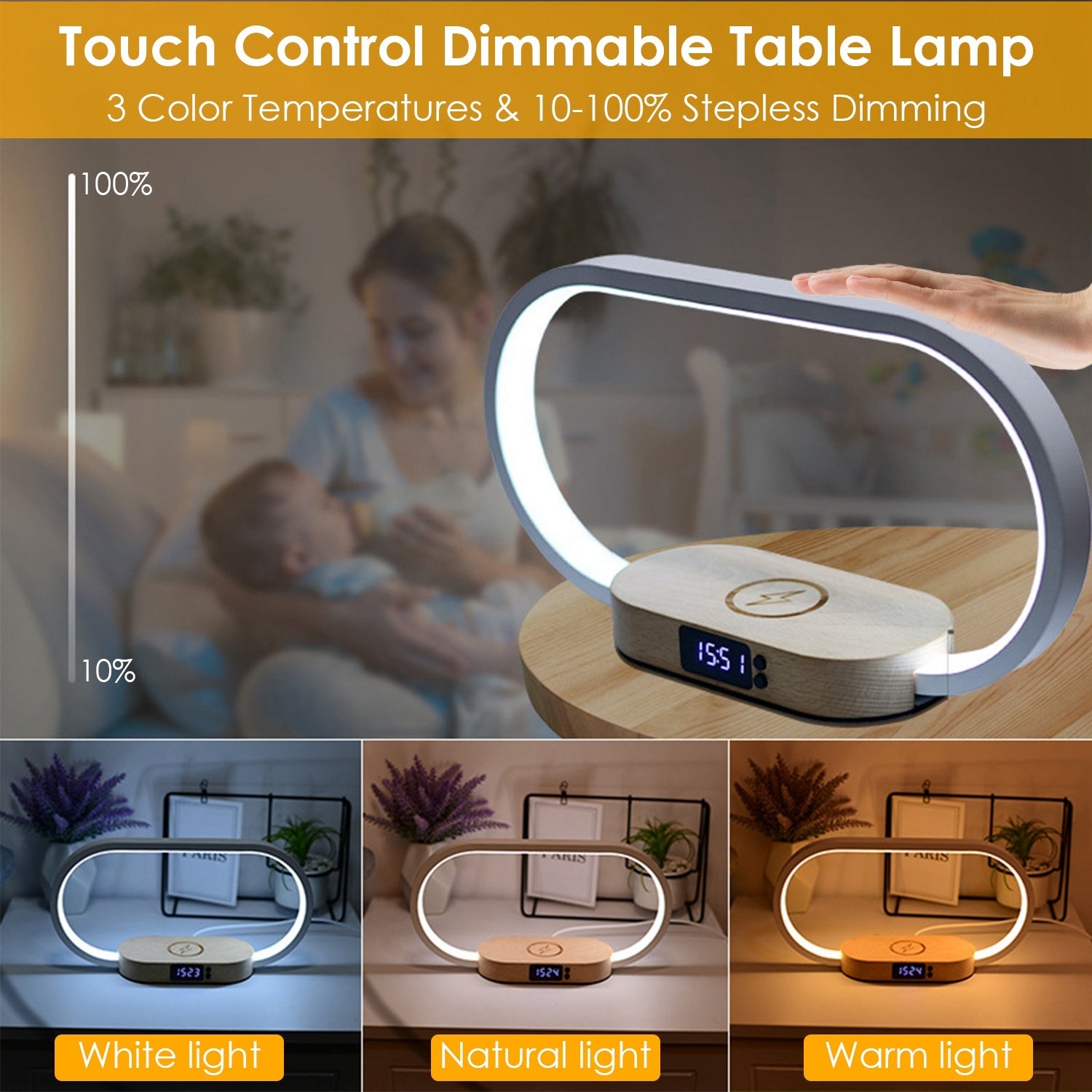 1 Set Bedside Table Lamp Touch Control Lamp With Clock Wireless Charging LED Desk Lamp Dimmable Nightstand Reading Lamp - DropOnline.co