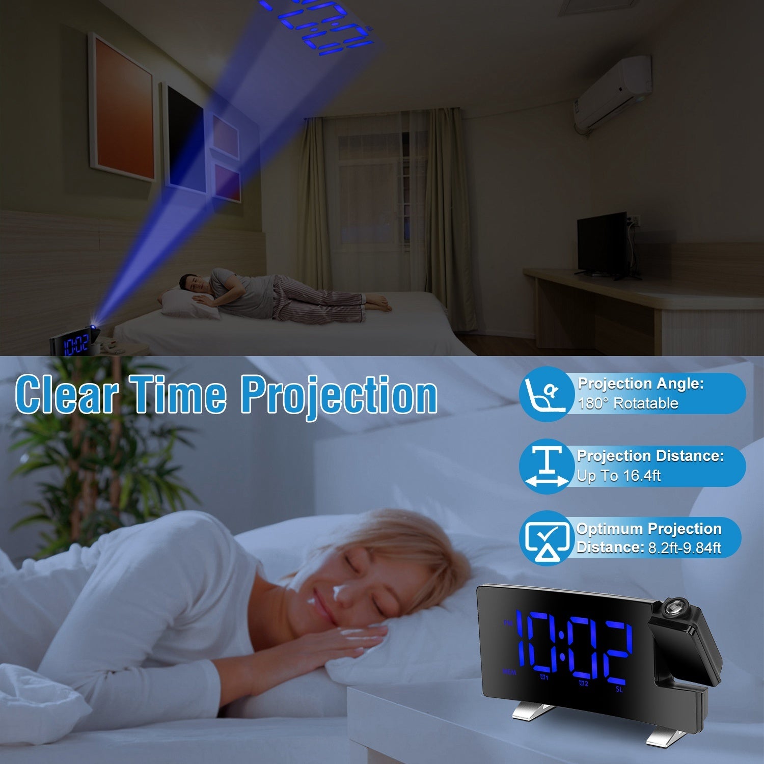 1Pc Projection Alarm Clock With Radio Function Curved Screen LED Digital Alarm Clock With Dual Alarms 4 Dimmer 12-24 Hour USB Charging Port 180Degree Rotatable Projection - DropOnline.co