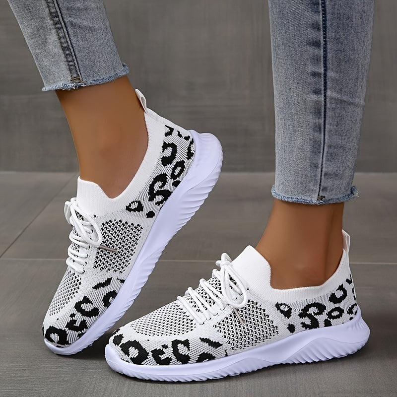 White Shoes Women Leopard Print Lace-up Sneakers Sports - DropOnline.co