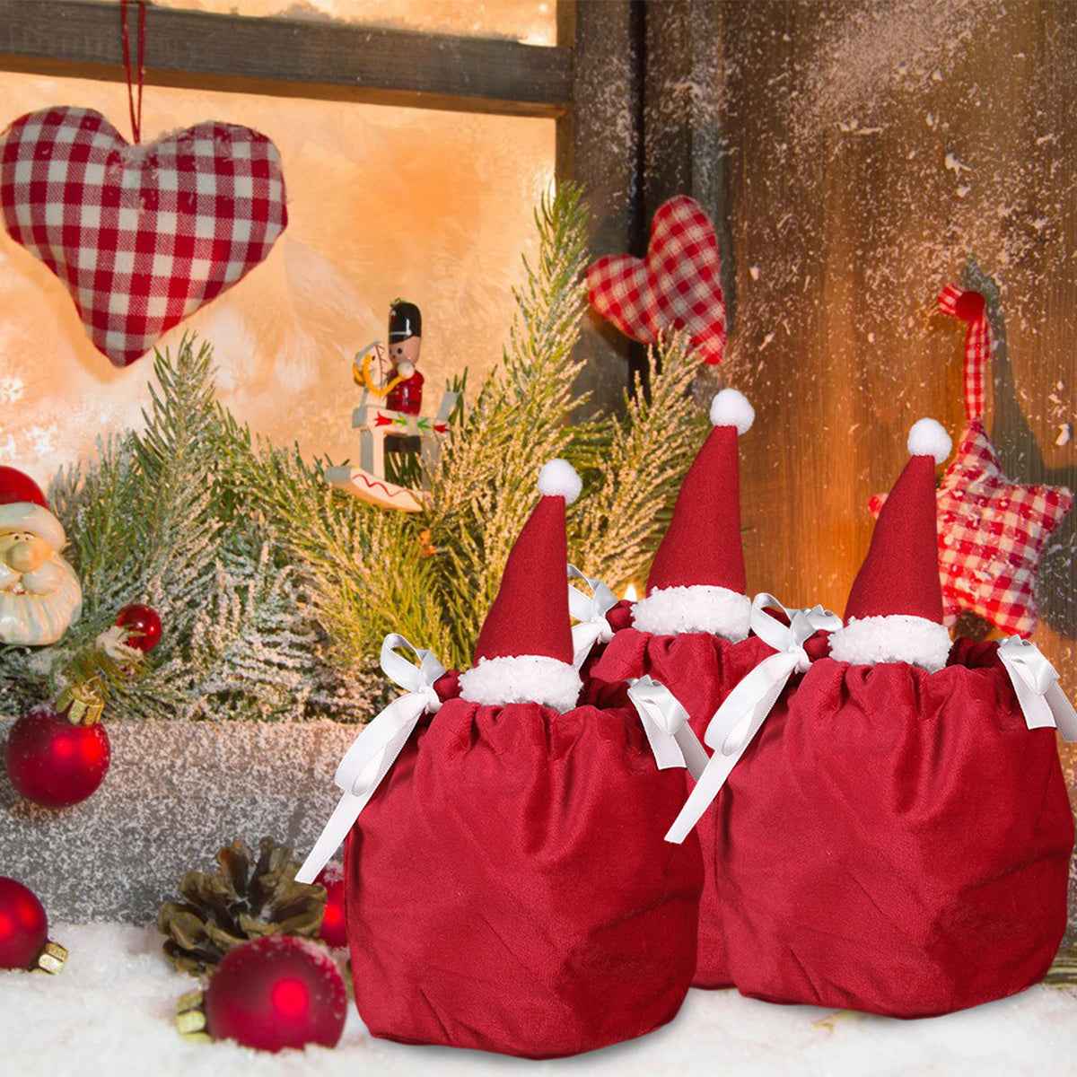 5 Packs Christmas Treat Bags with Drawstring - 3D Xmas Santa Hat Gift Bags - DropOnline.co