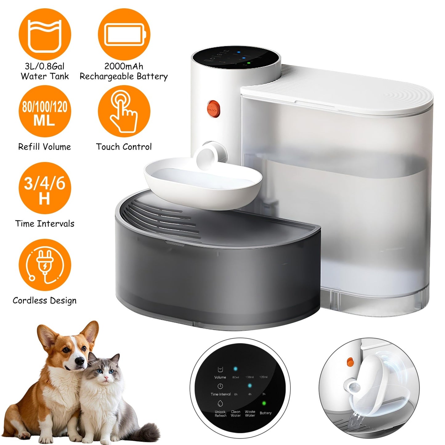 1Pc Smart Pet Water Fountain Automatic Cat Water Dispenser 3L Cordless Rechargeable Dog Water Fountain Self-Refill With 3 Adjustable Volume 3 Time Intervals Touch Control - DropOnline.co